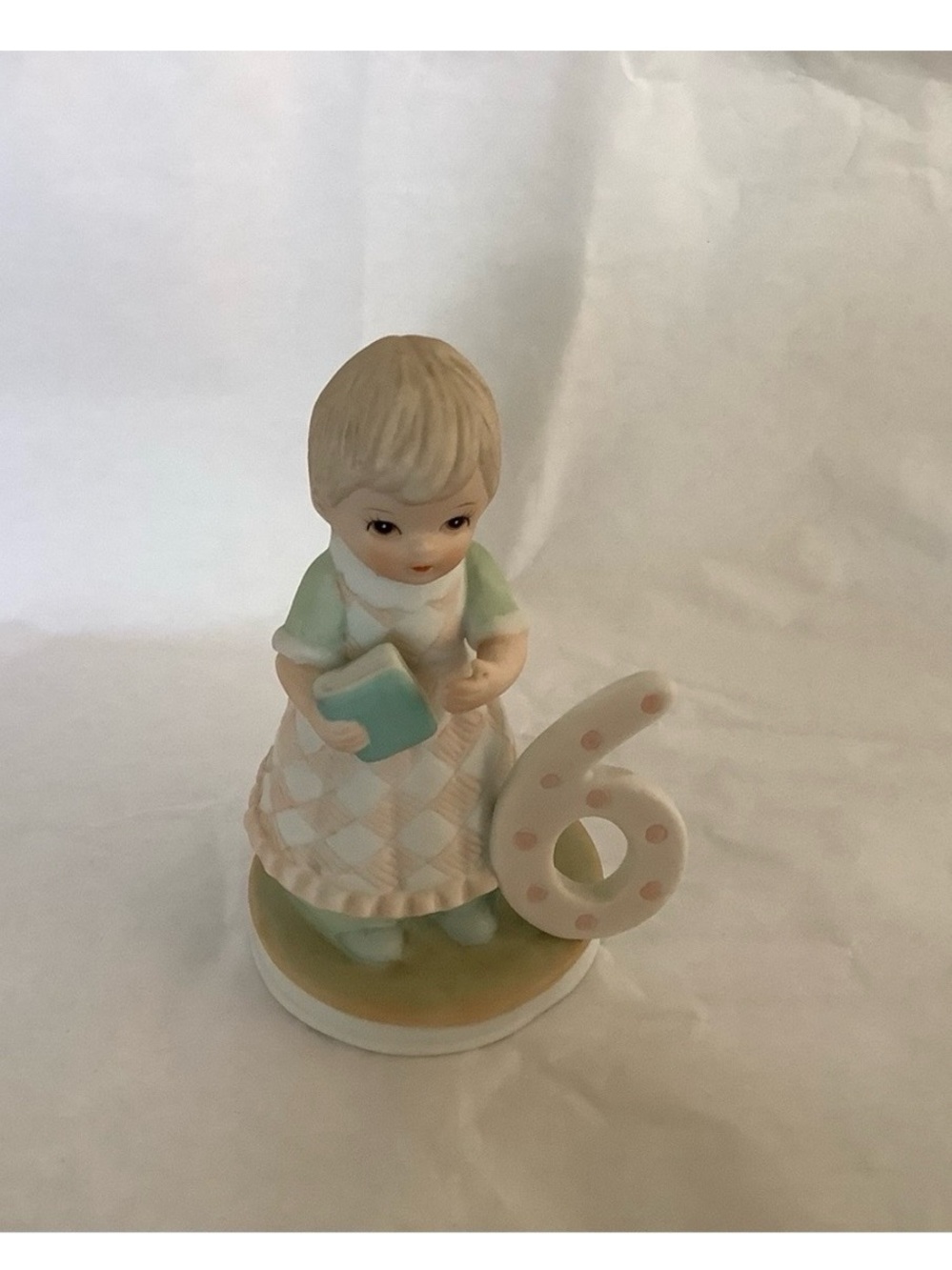 Lefton Porcelain Girl Figurine in Mint and Cream with Polka Dot Number 6